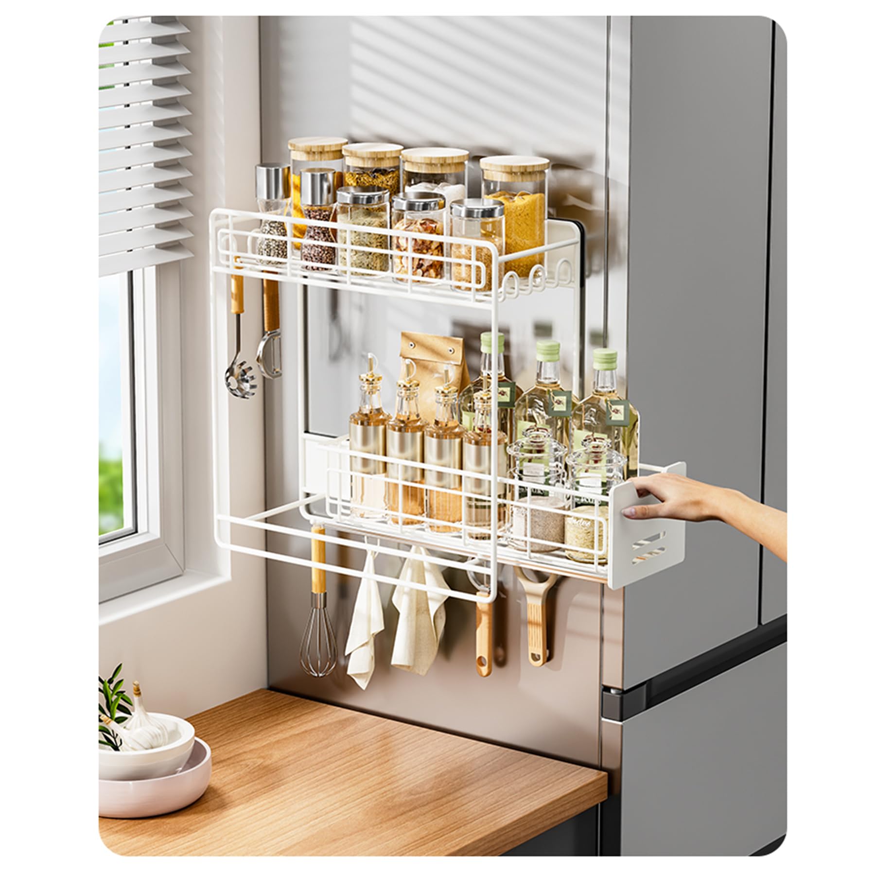 Étagère de rangement magnétique à épices pour réfrigérateur, organiseur de réfrigérateur blanc avec couches coulissantes, étagère magnétique mobile en métal, double étagère magnétique avec 5 crochets