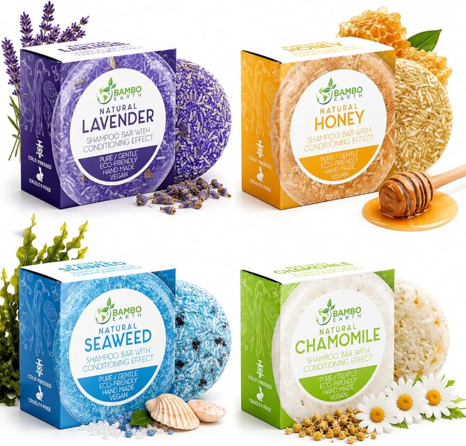 Solid Shampoo Bar And Conditioner Effect Hair Soap – 4 Pack 100% Organic Shampoo Bars For Hair With All Natural Plant Based Essential Oils And Eco Friendly Zero Waste Biodegradable Packaging [Amazon-developed Certification] Compact by Design
