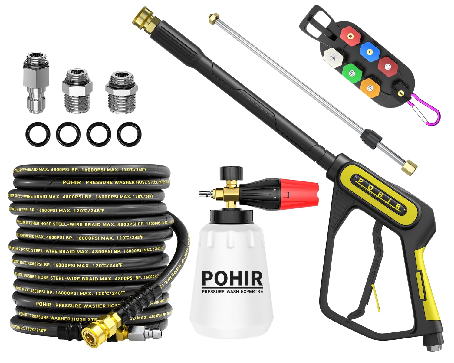 POHIR Pistola per idropulitrice con tubo di lavaggio elettrico da 3/8", 15,2 m, 4800 PSI e cannone in schiuma, kit di lavaggio auto con bacchetta di estensione e punte per ugelli e raccordi M22 da 15