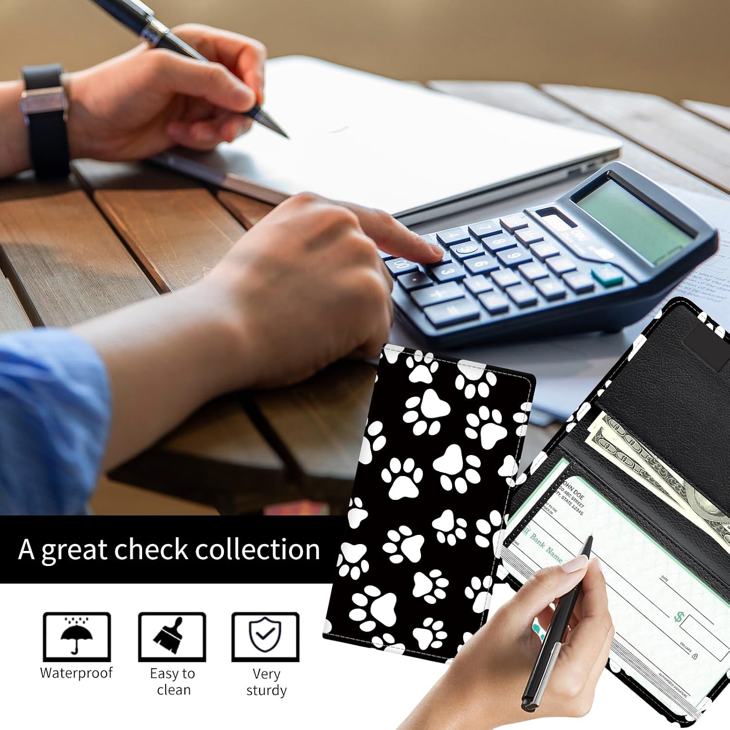 Checkbook Cover for Personal Checkbook, Cute PU Leather Check Book for Women & Men, Slim Checkbook Holder with Pen Holder and Built-in Clear Plastic Divider Black White Dog Paws