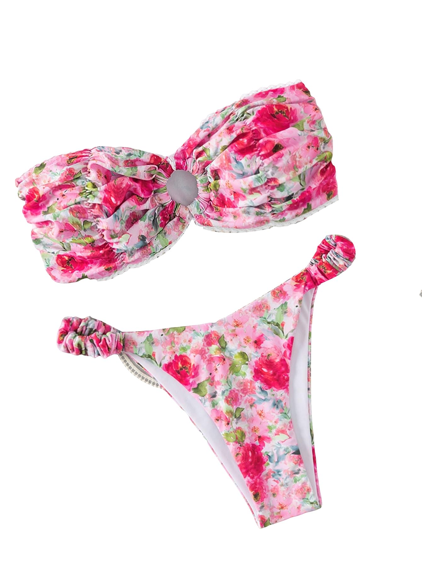 SHENHEWomen's 2 Piece Bikini Set Summer Solid Ring Strapless Textured Bathingsuit