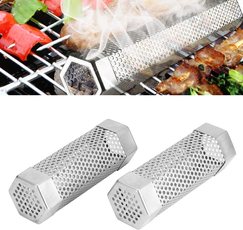 Fdit Pellet Smoker Tube, 2Pcs Outdoor Smokers BBQ Grill Smoker Tube Mesh Tube Pellets Smoke Box 6in Stainless Steel Barbecue Accessory for Electric Gas Charcoal