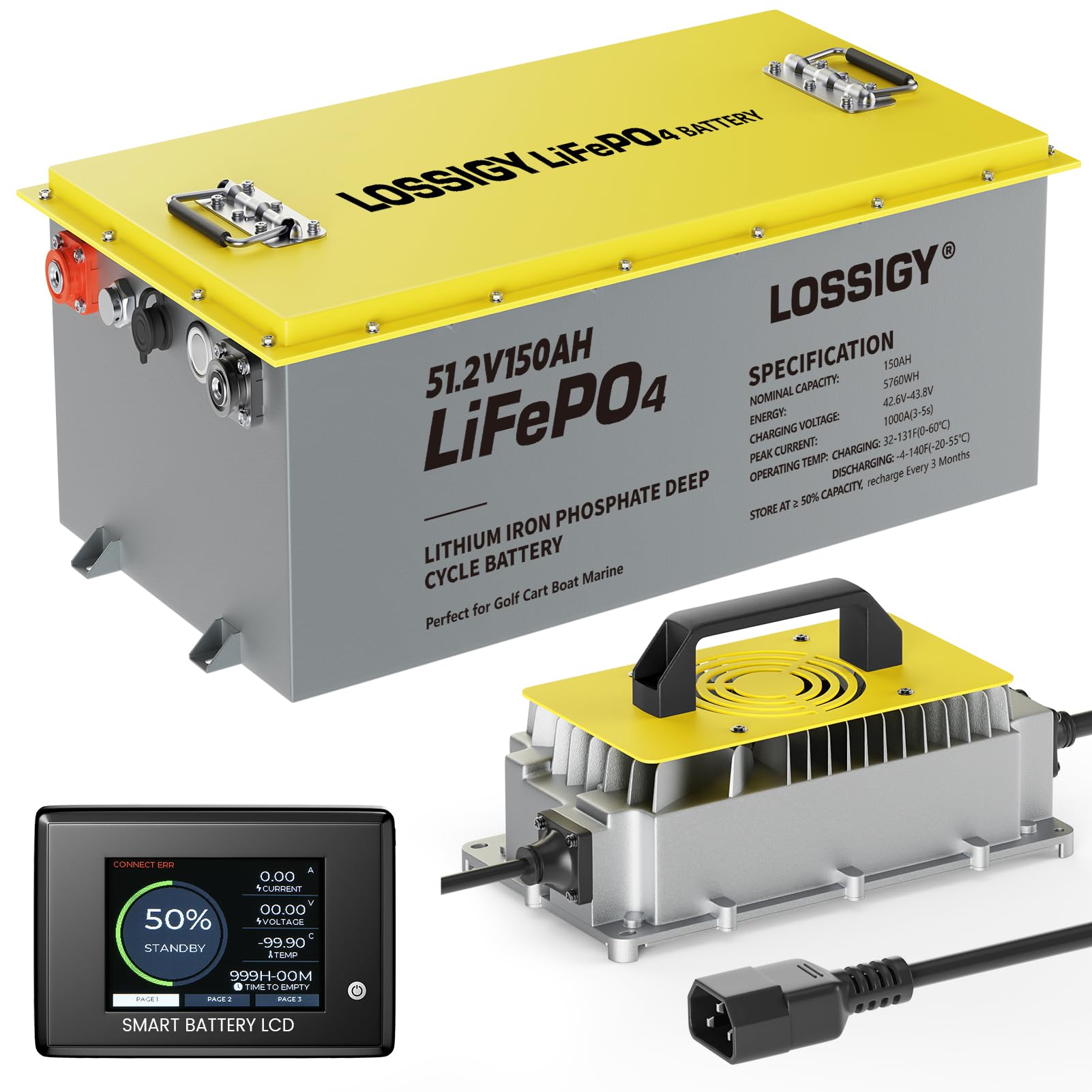 LOSSIGY 48V 150AH Lithium Golf Cart Battery, Bluetooth LiFePO4 Battery with 58.4V18A Smart Battery Charger & LCD monitor,Perfect for Golf Carts,200A