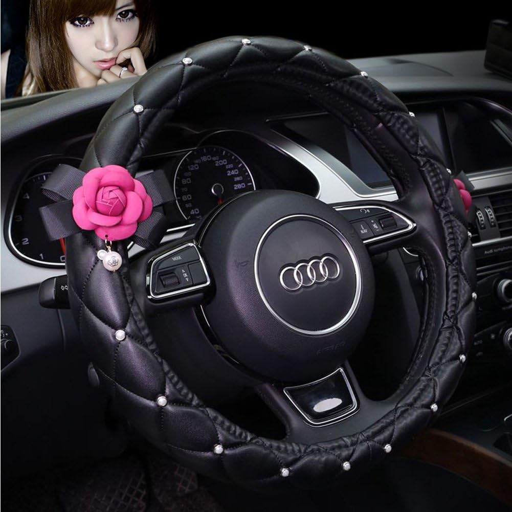 Follicomfy Car Steering Wheel Cover with Fashion Cute Flower Diamond Pearl,Perfect for Girls Women Ladies,Universal Size-Rose Red Flower