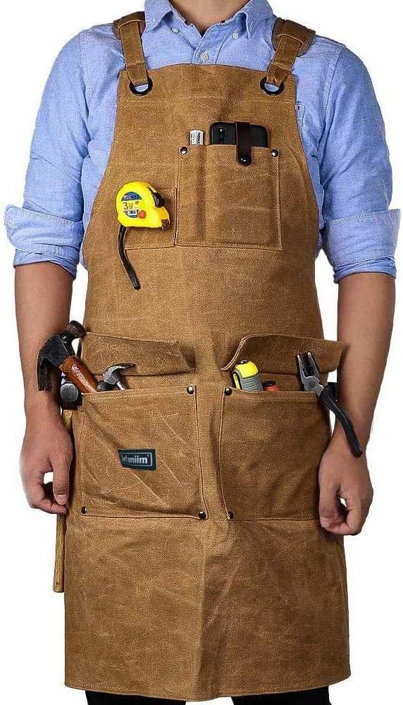 Jefaniim Waxed Canvas Shop Apron for Men & Women.Woodworking Aprons Heavy Duty Work Apron with Pockets. Big Bulk Tool Apron with Adjustable Cross-Back Strap.Adjustable S to XXL (Brown), Brown, XL