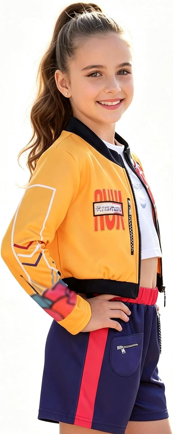 Girls Stage Costume Set Jacket Tank Top Shorts Outfits 3PCS | Polyester and Spandex, Printed Halloween Costume, Party Dress Up Outfit, Stage Performance, Daily Wear