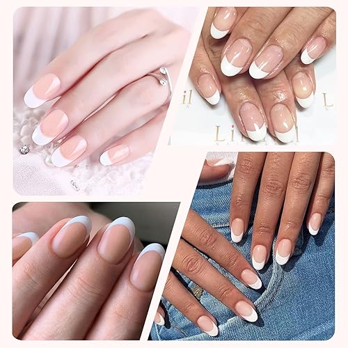 Miniatura 6 de Artquee Uñas postizas a presión con punta francesa, cortas, transparentes, nude, ovaladas, borde blanco, brillante, reutilizables, manicura para