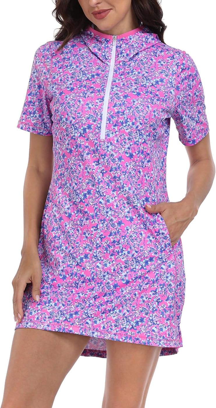 HDE Women's Short Sleeve Beach Coverup Dress with Hood UPF 50 Swim Cover Up - Image 3