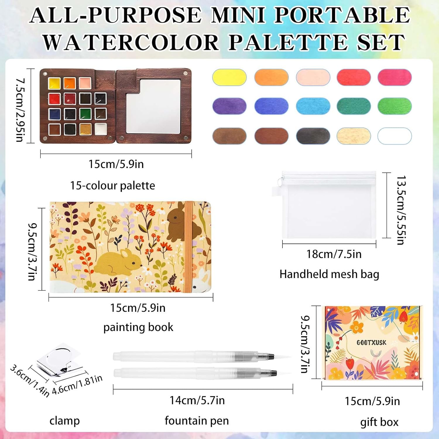 Mini Watercolor Paint Set - 15 Color Travel Watercolor Kit, Pocket Watercolor Paint Palette Set with Watercolor Book, Binder Clips, Pens, Storage Bag, Wooden Paint Box for Painters Artists Student