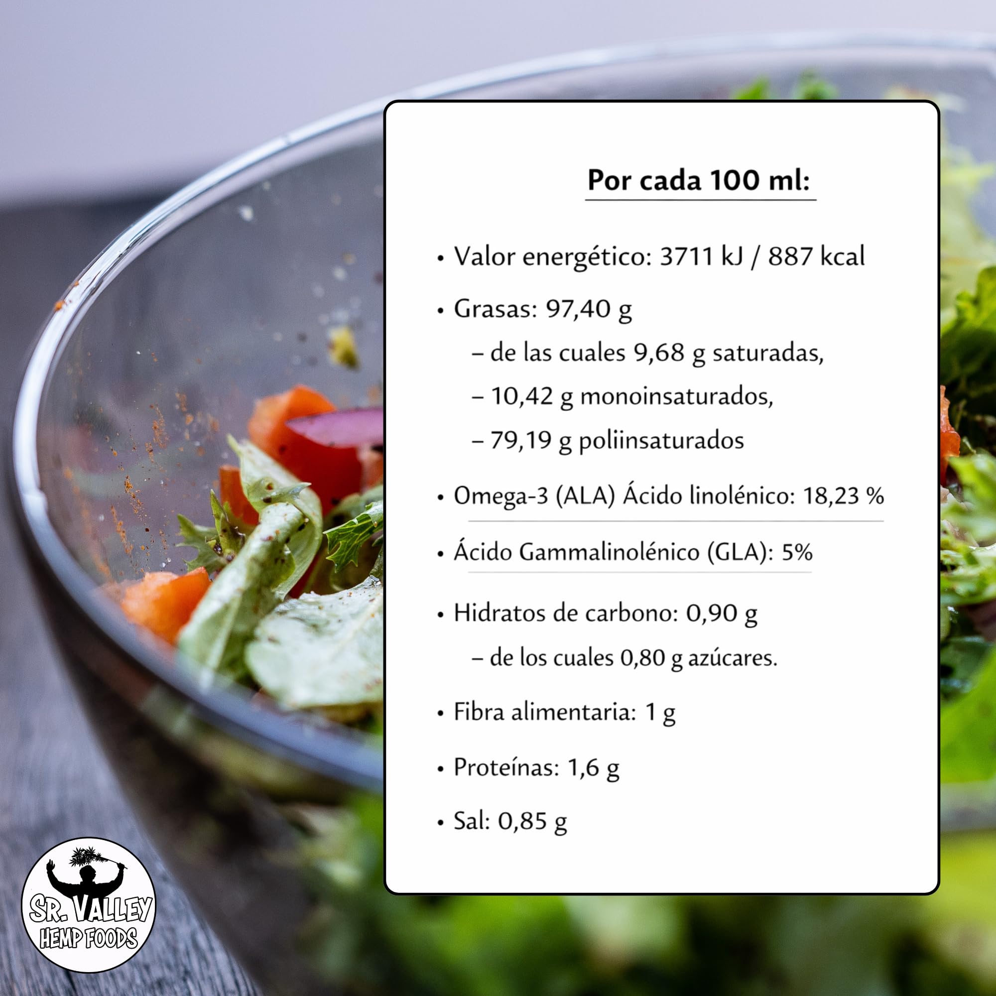 Sr Valley Aceite de Cañamo 100% Puro y Vegano | 750 ml prensado en frío | Para uso culinario y cosmético | Sin aditivos ni conservantes y con semillas no OGM