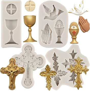 Cross Silicone Moulds Chalice Peace Dove Fondant Moulds Baptism Cake Mould for Cupcake Topper Cake Decorating Chocolate Candy Gum Paste Polymer Clay Set of 4