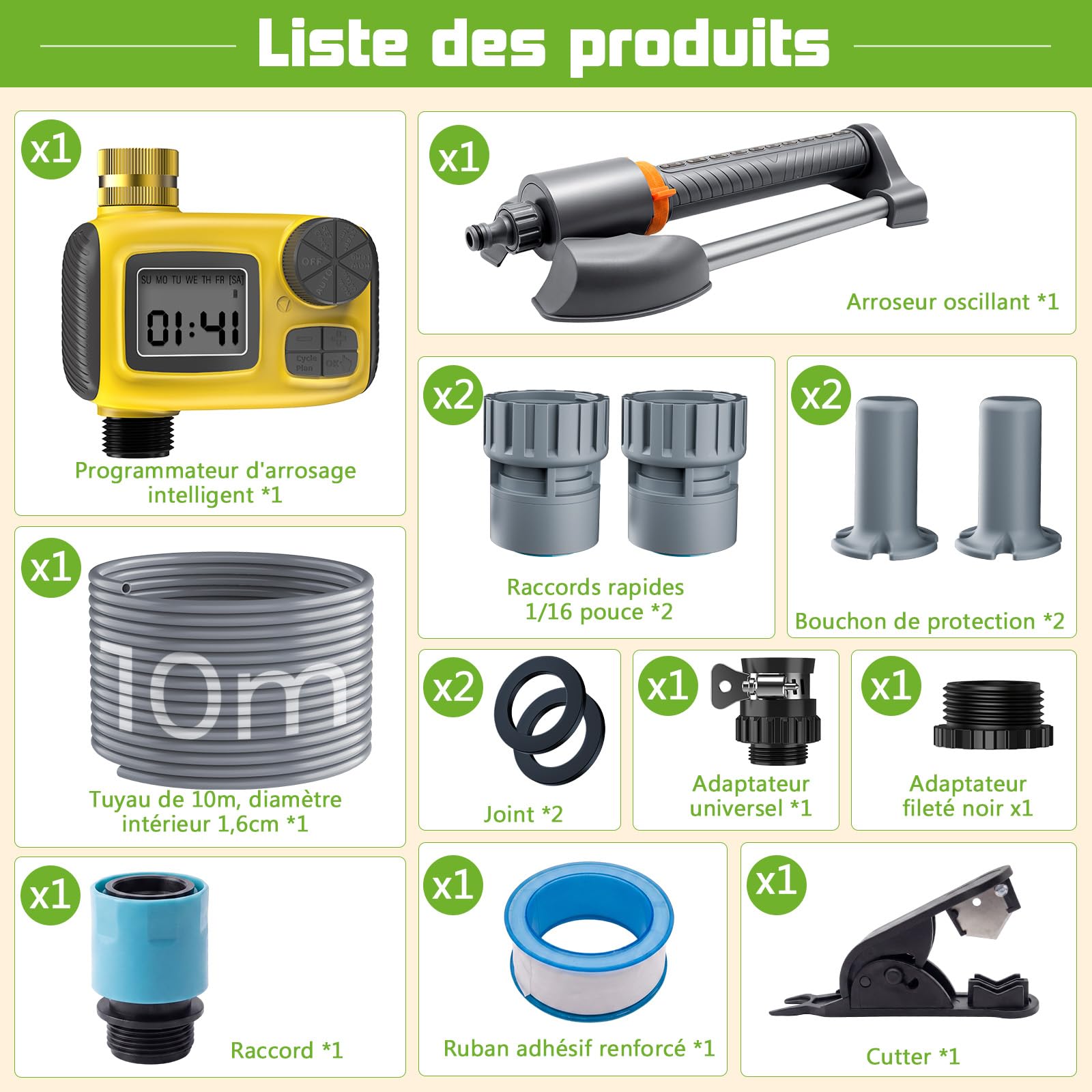 Arroseur Oscillant Programmateur Arrosage 10m Hose 3 en 1 Kit