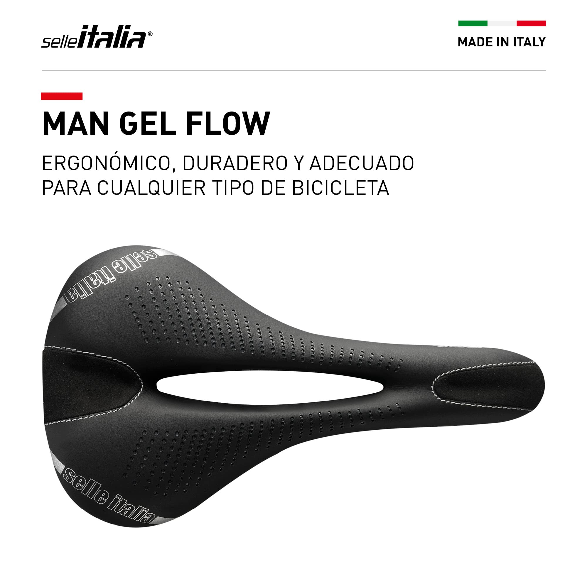 Selle Italia - Man Gel Flow Road Bike Saddle, Rail Manganese Tube Ø7, Road Saddle Gran Turismo Fiber-tek Comfort Gel, Shock Absorber