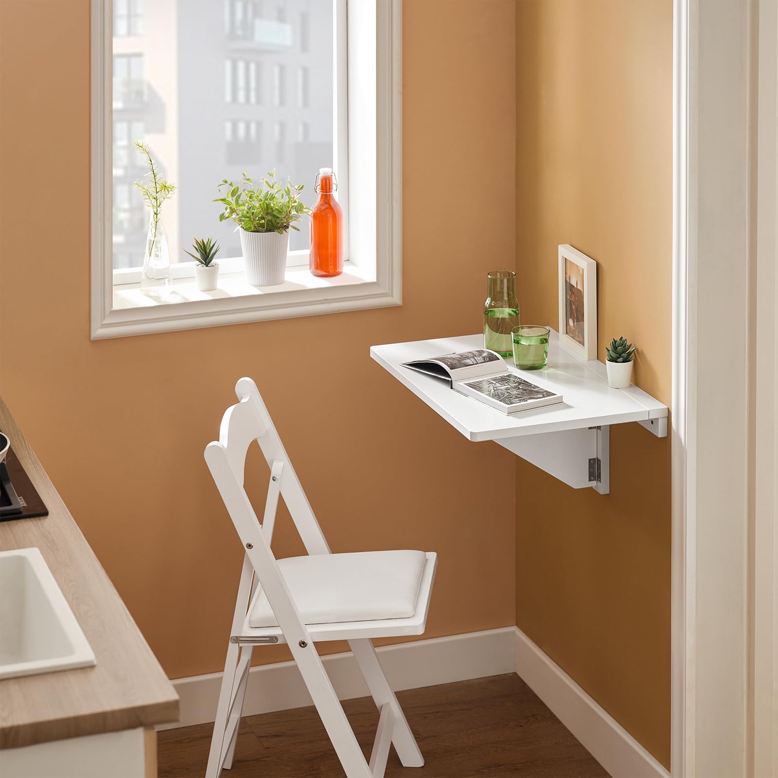 SoBuy Tavolo Pieghevole a Muro, Scrivania per Computer, Tavolo da Cucina Salvaspazio in Legno, Design Compatto e Multifunzionale, Perfetto per Piccoli Spazi Bianco FWT03-W