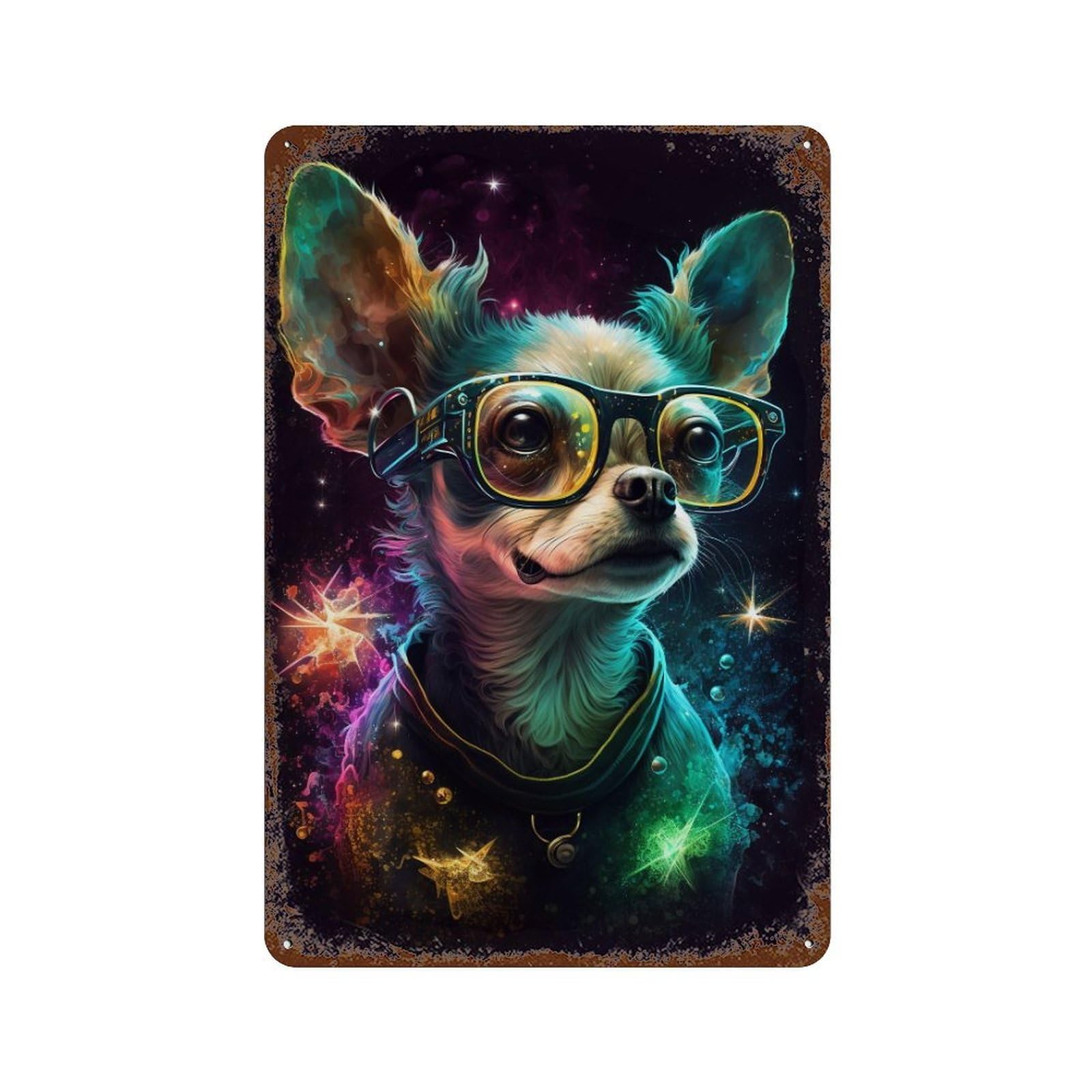 Garage Style Cosmic Chihuahua Glasses Art Distressed Metal Wall Sign 11.8"x7.9", Farmhouse Wall Decor for Bar And Workshop
