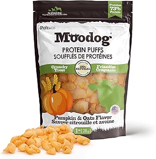 Moodog Protein Puffs for Dogs, Pumpkin & Oatmeal Flavor - Crunchy Grain Free Treats to Support Joint, Skin, and Coat Health - 1 oz Bag
