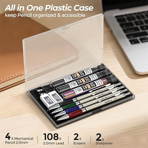 Miniatura 6 de Nicpro Juego de 4 lápices mecánicos de alta calidad de 0.08 pulgadas, 108 repuestos de plomo de colores y negros (HB 2B), lápiz de carpintero Art