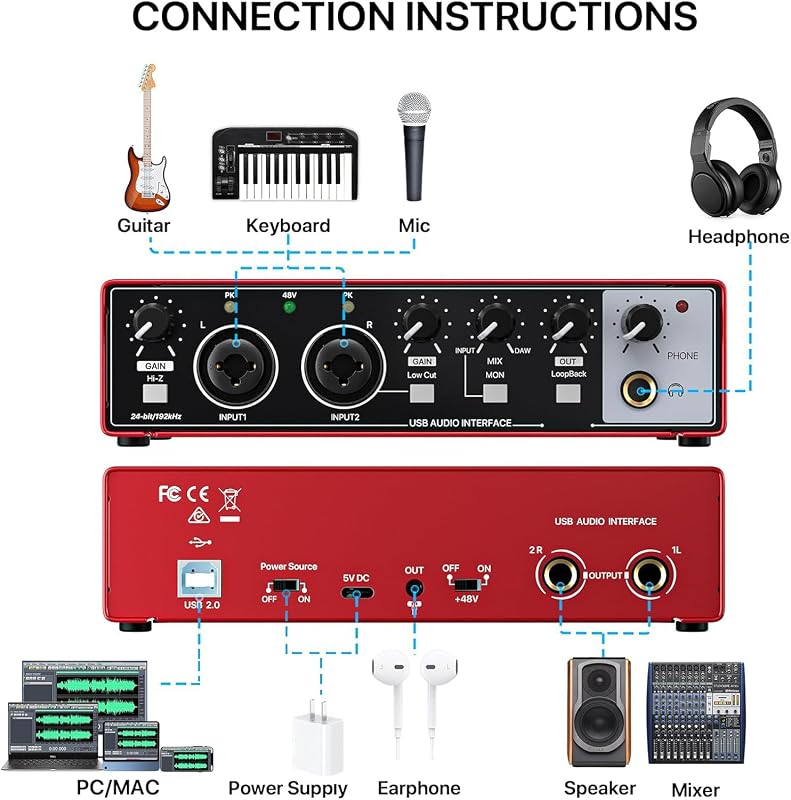 EBXYA USB Audio Interface 24-bit/192kHz Hangkártya PC Mac Telefonhoz MIC XLR Line Bemenetekkel Felvételhez Streaming Podcast