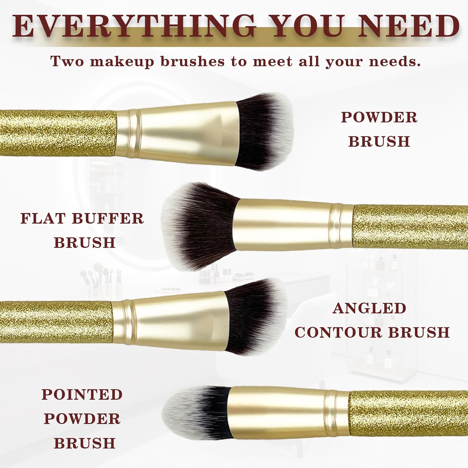 Double-Ended Foundation & Contour Brush Set – 2PCS Duo Face Brushes for Powder, Buffer & Blending, Soft Synthetic Bristles with Deluxe Glitter Handle