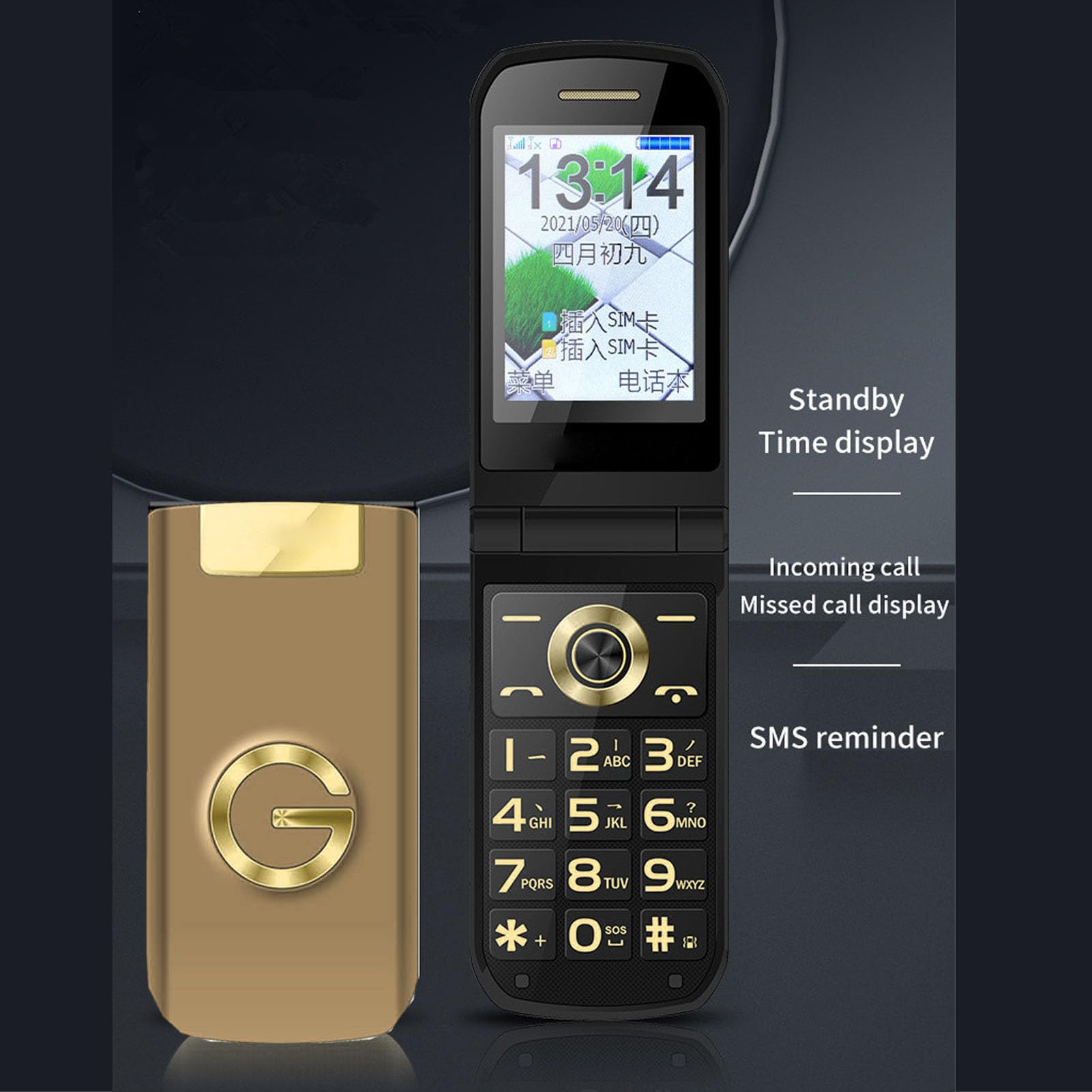 Telefon Komórkowy z klapką G9000 2G dla Seniorów, Odblokowany Telefon Komórkowy GSM z Dużym Przyciskiem, Głośny Dźwięk, Dual SIM, Olśniewający Efekt świetlny (Złoto)