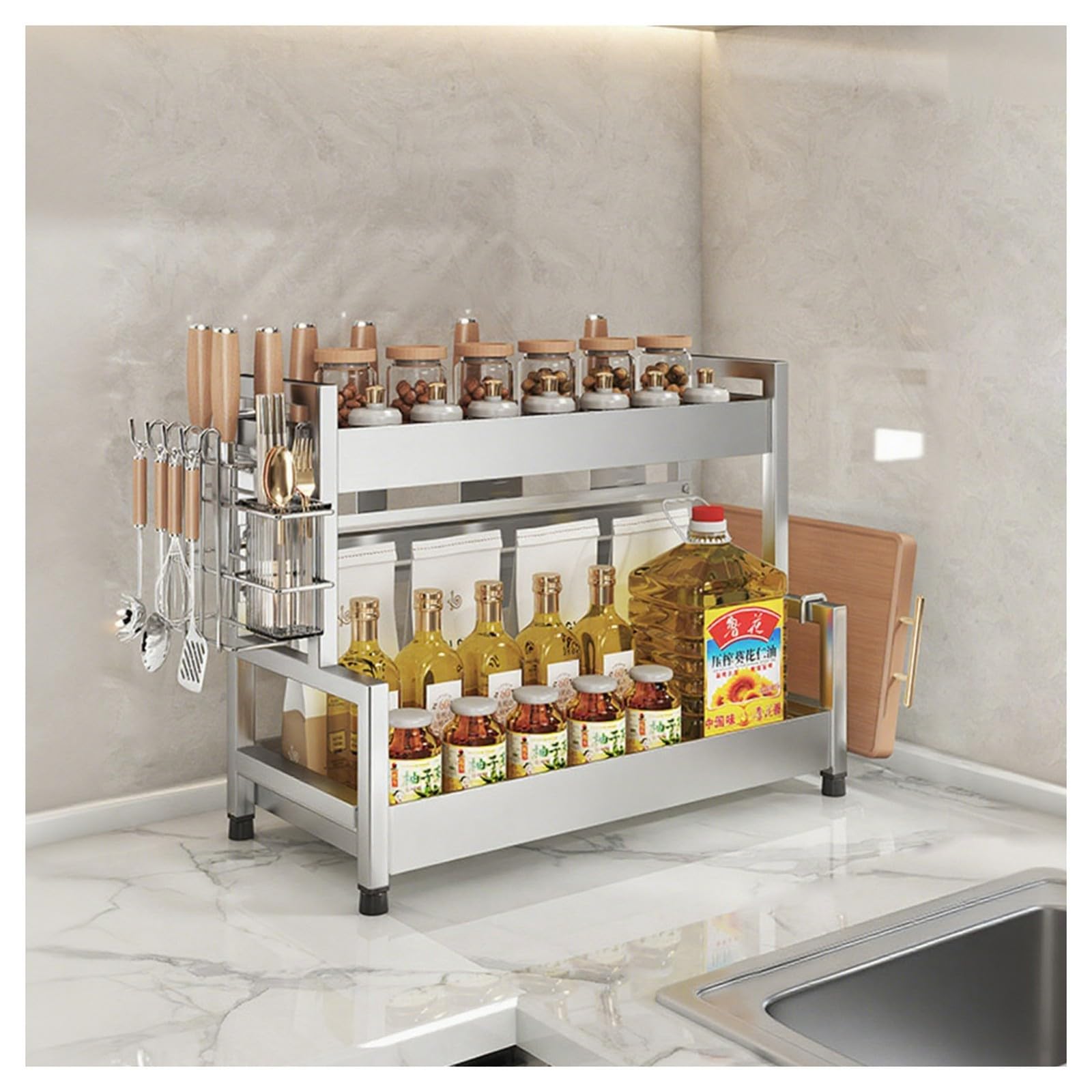 HADECOLL Stainless Steel Spice Rack With Hooks And Utensil Holders, 2-Tier Shelf Organizer For Sugar, Salt, Pepper And Oil Bottles,2 Tier-50cm/19.7in