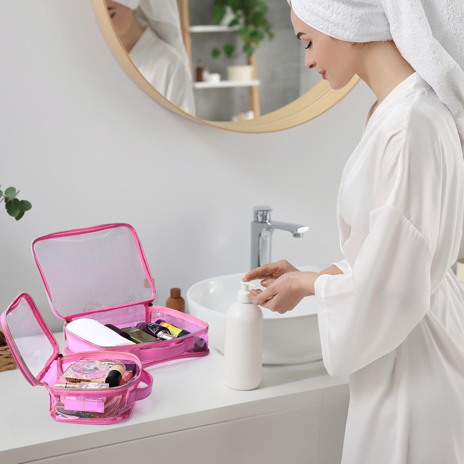 BYOOTIQUE Set of 2 Clear Makeup Bag Cosmetic Organizer Clear Toiletry Bag Travel Toiletry Pouch Handle Zipper for Makeup Artist Travel Essentials Carry-on Travel Pink