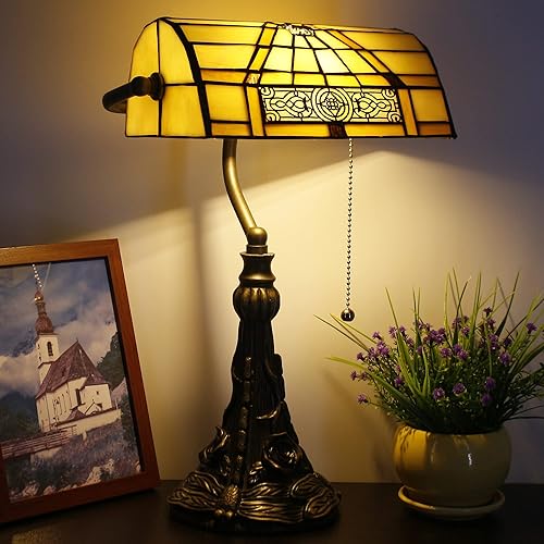 Miniatura 9 de Tiffany Banker - Lámpara de mesa pequeña con vitrales, estilo Tiffany, piano, amarillo claro, estilo misión, lámpara de escritorio, ángulo