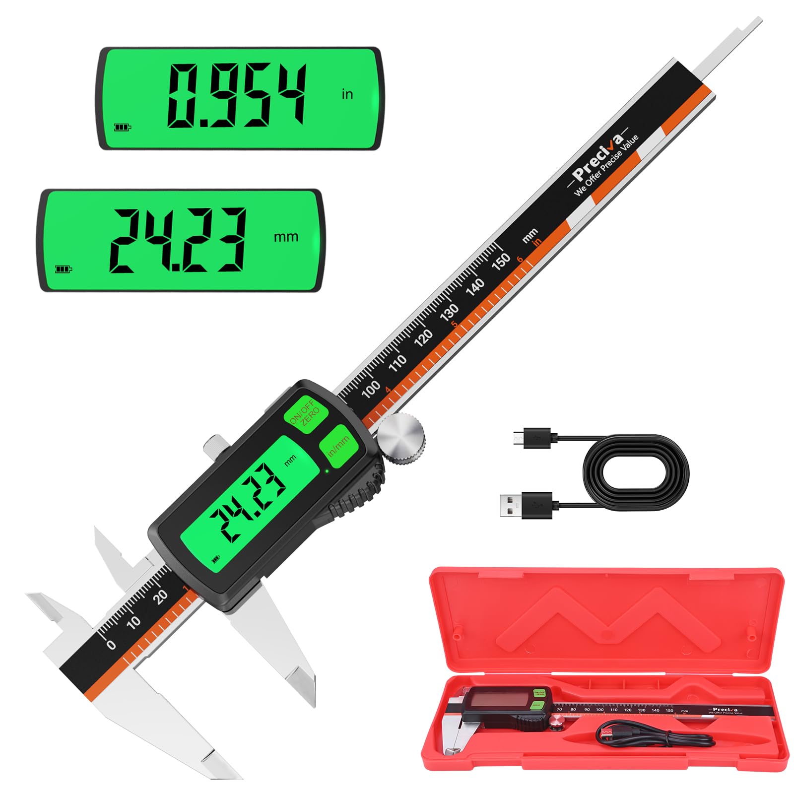 Calibre Digital Recargable Pantalla TáCtil,Calibrador Digital ElectróNico de PrecisióN 150mm/6pulgadas,Pie De Rey Digital De Apagado AutomáTico,Pie de Rey ElectróNico con Pantalla LCD
