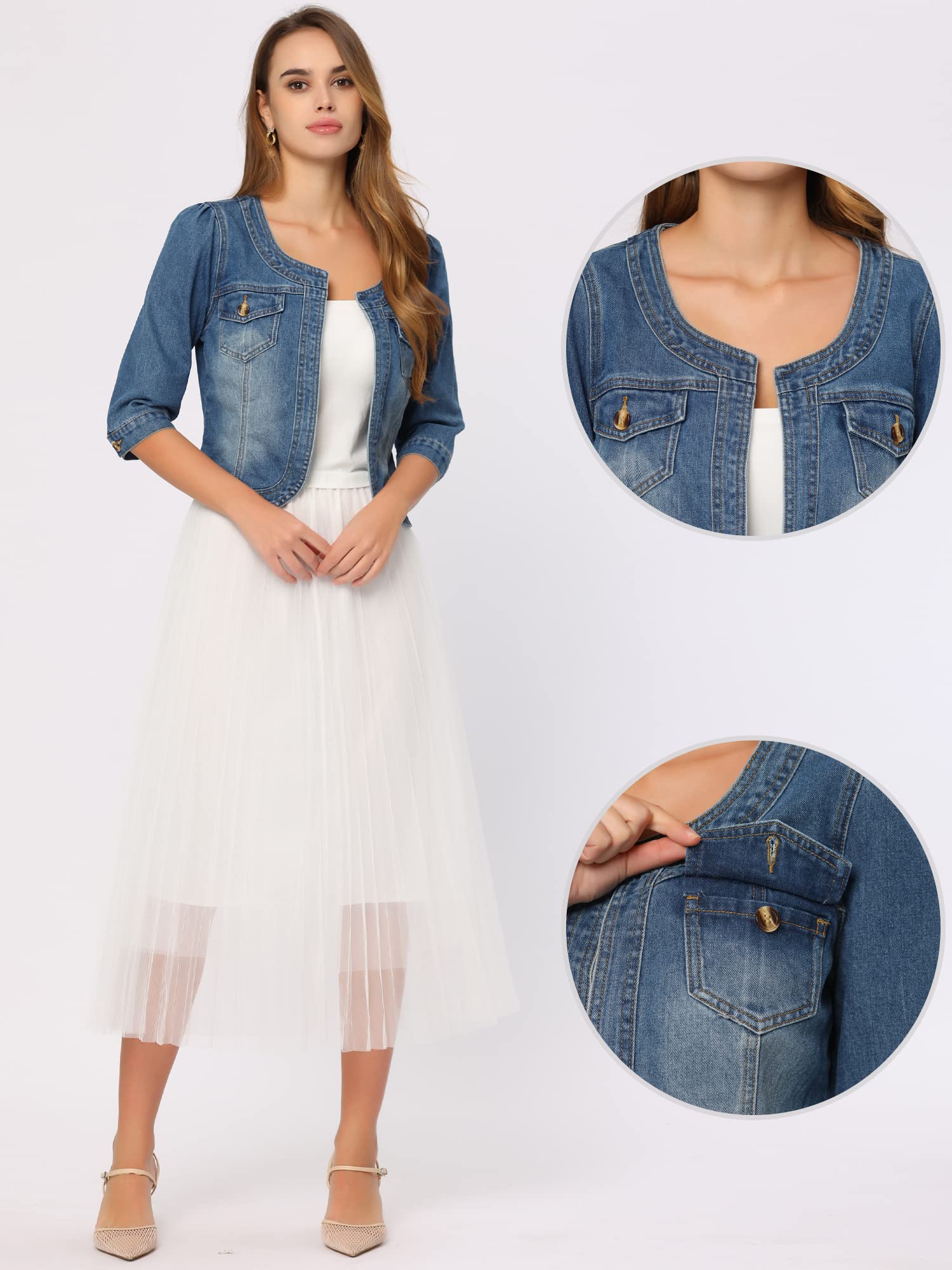 Allegra K Veste en Jean pour Femme Sans Col à Manches 3/4 Devant Ouvert Blouson en Demin Délavé