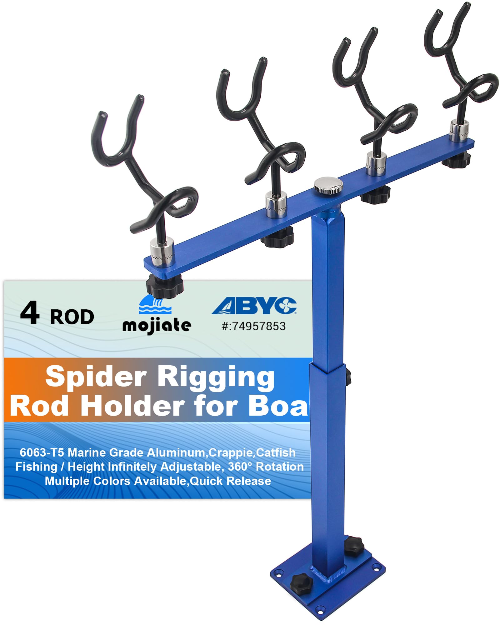 Mojiate Aluminum Spider Rigging Rod Holder for Boat - 4 Pole Crappie Fishing Rack, Heavy Duty 6063-T5 Marine Grade Aluminum, 16.5"-30.5" Adjustable