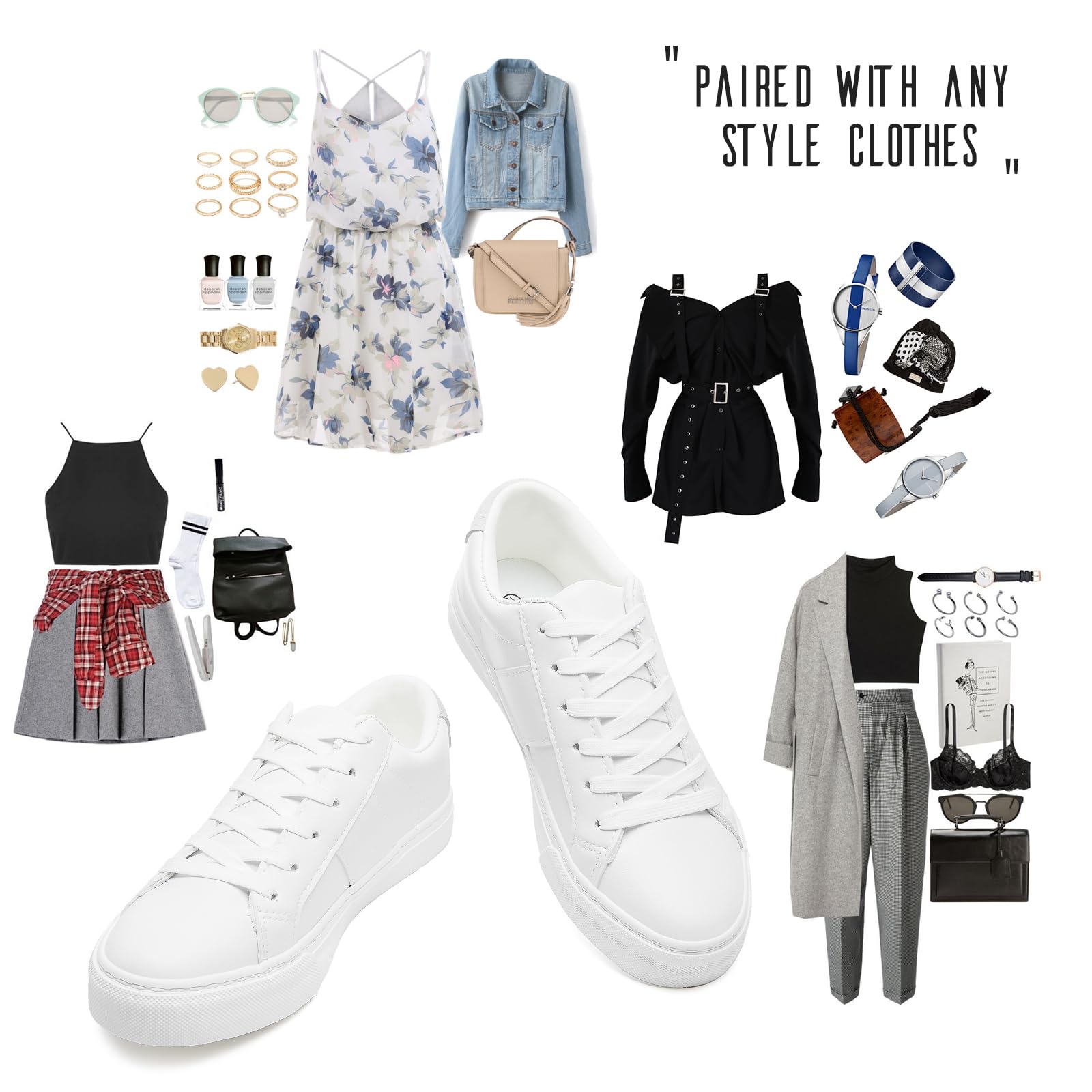 Adokoo Women's Fashion Sneakers PU Leather Casual Shoes White Tennis Low Top Shoes Womens Lace Up Sneakers