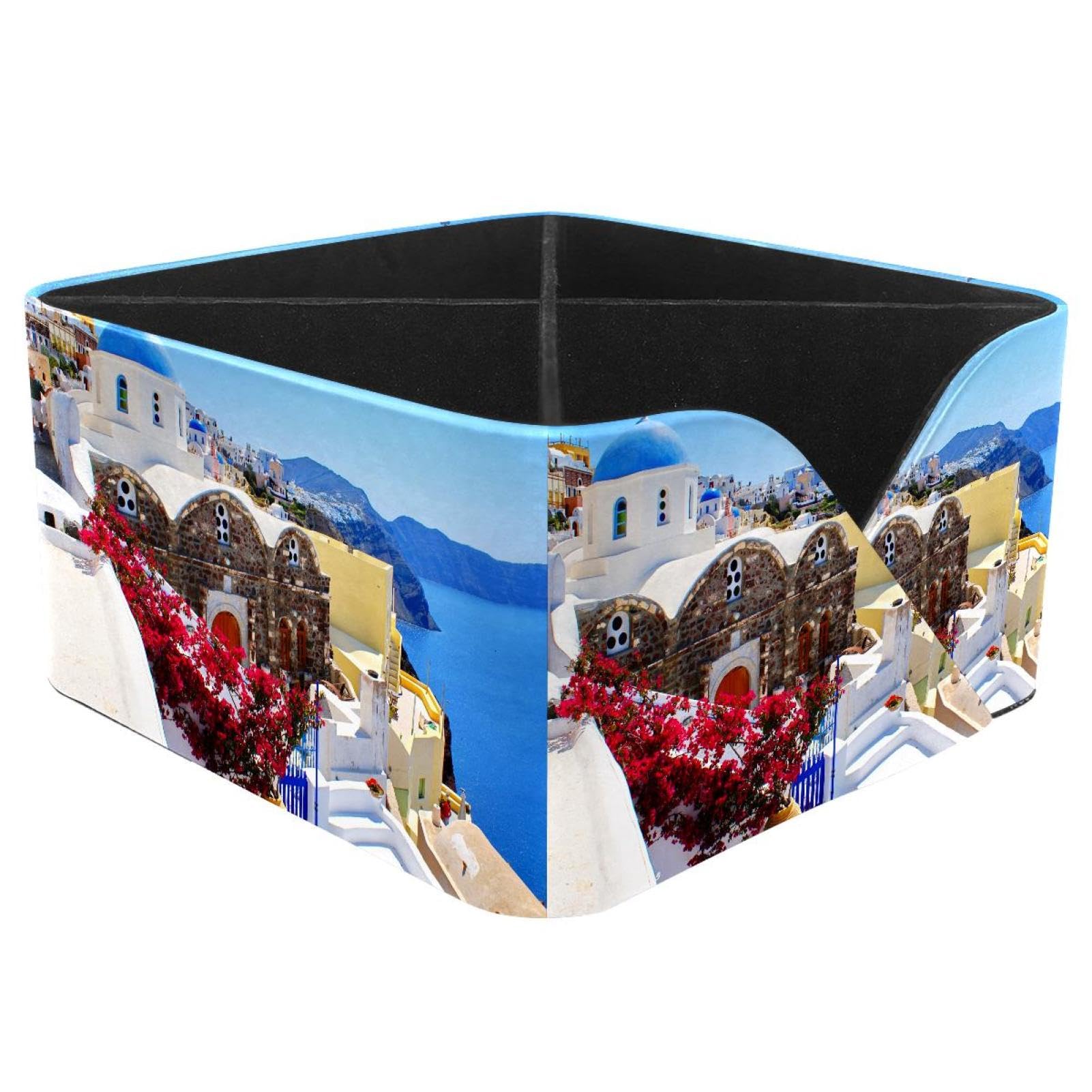 KengjuTesu Greek Santorini Landscape Desktop Organizer Pen Holder, Rectangular Pencil Cup for Office, Study and Makeup Stations