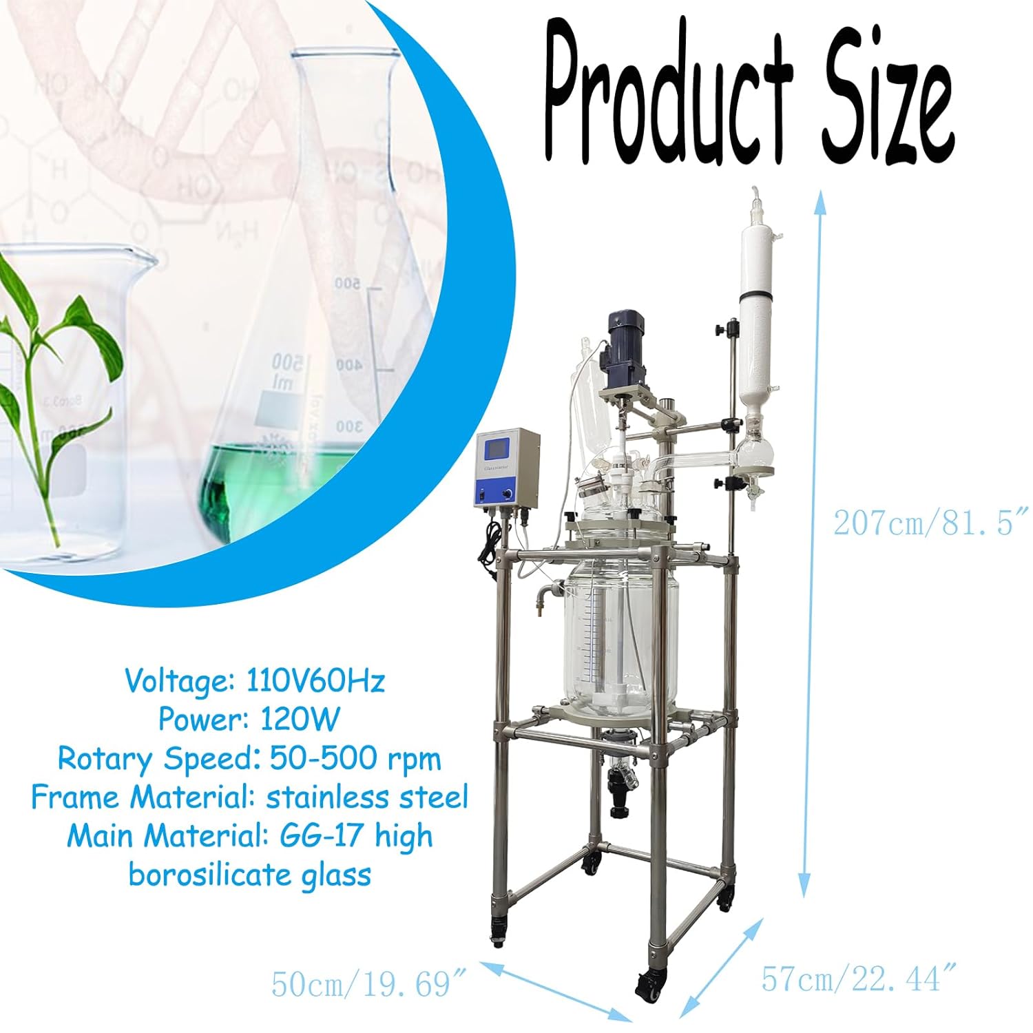 20L Double Layer Lab Reactor with High Borosilicate Glass & PTFE Valves 110V Constant Temperature Control Lab Glass Reactor Chemical Jacketed Reactor Vessel for Lab Reaction Distillation