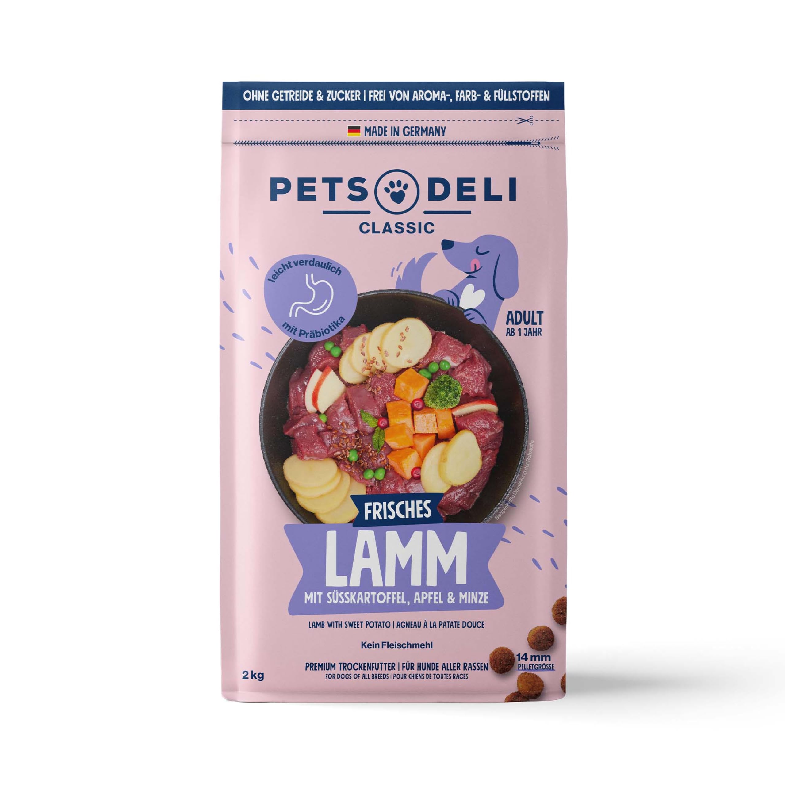 Pets Deli Classic Hunde Trockenfutter Lamm & Süßkartoffel, monoprotein, leicht verdaulich, mit Präbiotika & Omega-3 Fettsäuren, getreidefrei, ohne Zucker, 2kg, Premium Qualität