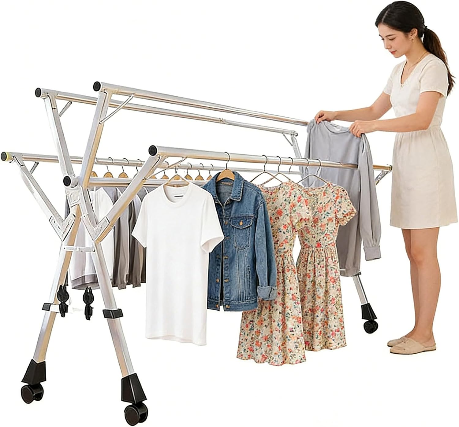 HUHJYUGE Foldable Portable Clothing Drying Rack, 5-Pole Heavy Duty Clothes Drying Rack, Stainless Steel Laundry Drying Rack with Wheels, Length Adjustable Clothes Airer (160cm/63inch)
