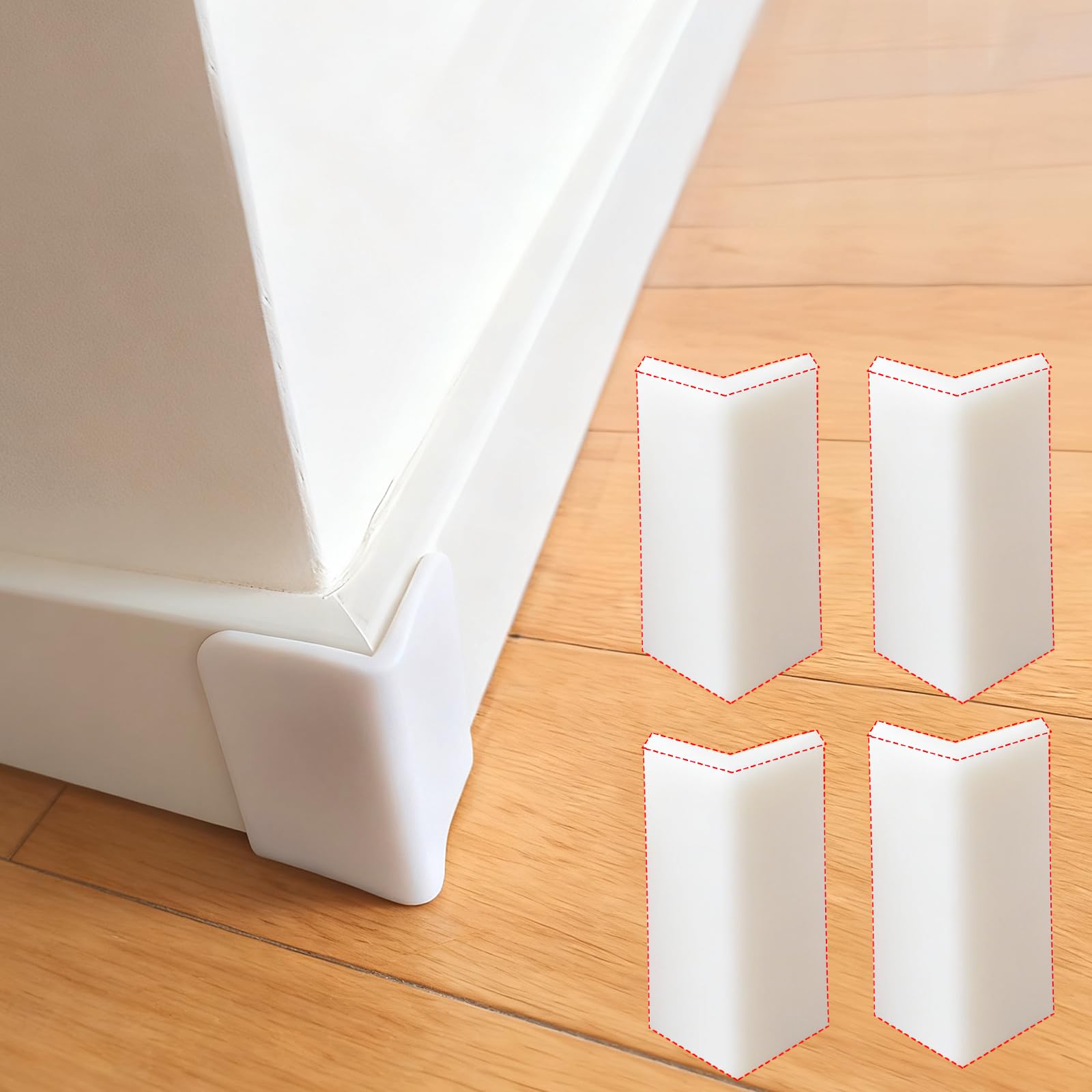 Keqkev White Baseboard Corner Protectors,Thickened Rubber Self Adhesive Corners Blocks Guards Trim For Baby Proofing Edge Furniture,,4Pcs