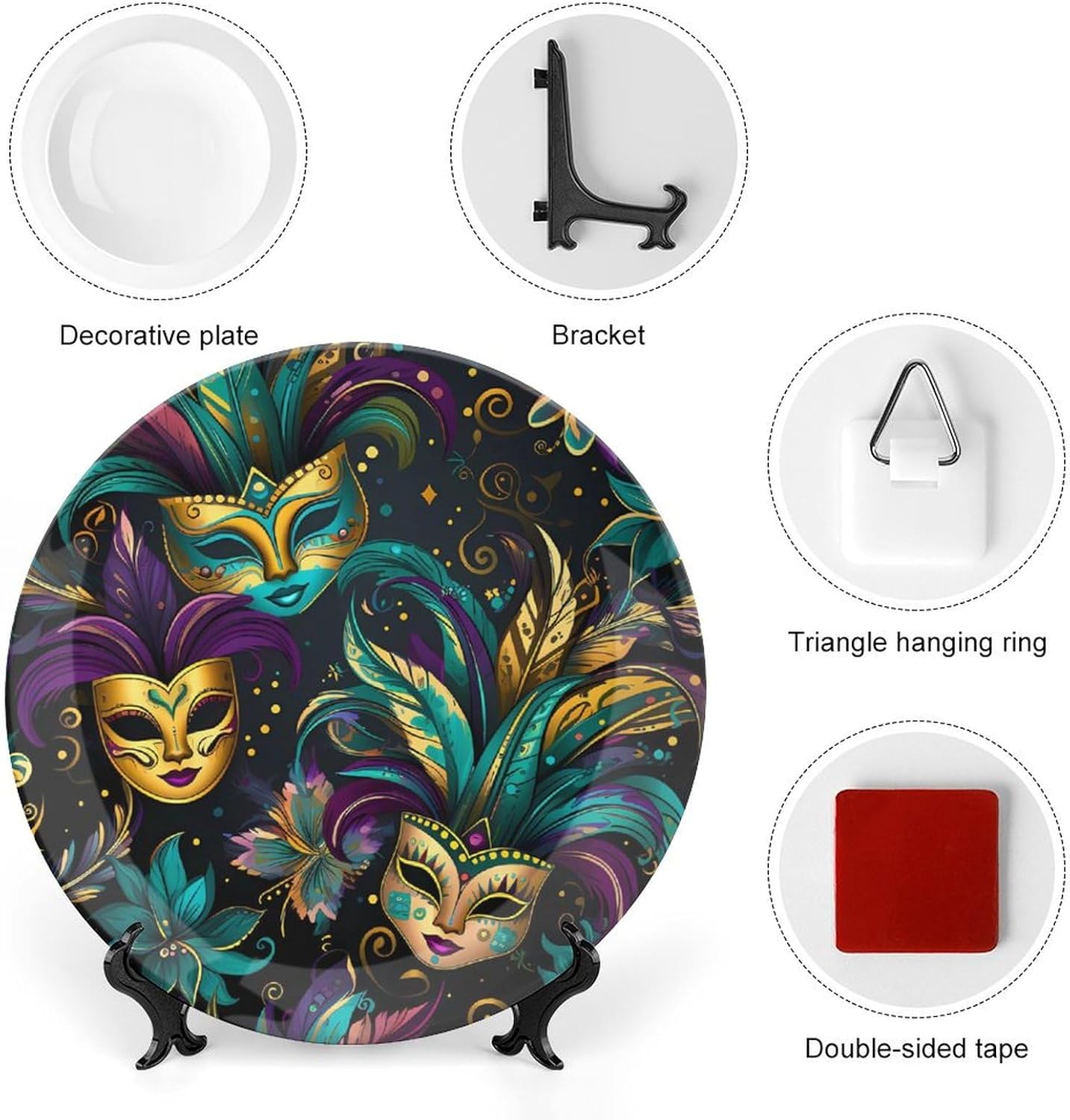 St. Patrick's Day Mardi and Gras Masks Ceramic Decorative Plates for Display Ornaments Dinner Plates with Stand for Kitchen Home Decor