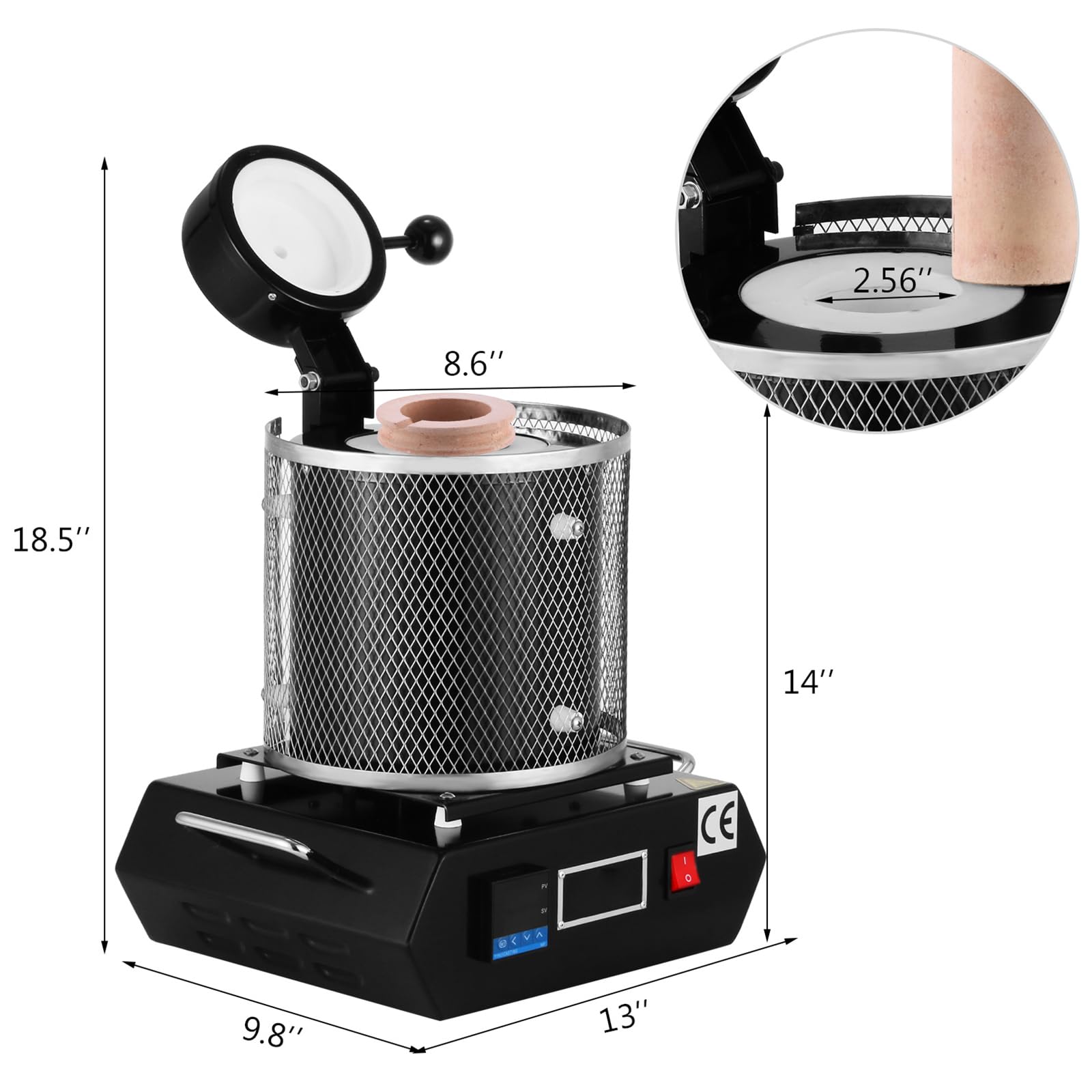 VEVOR Forno di Fusione per Oro 1350 W, Temperatura Max. 1150 ℃, Forno Fusorio Elettrico con Crogiolo in Ceramica da 3 kg, Lavorazione Raffinazione di Metalli, Nero