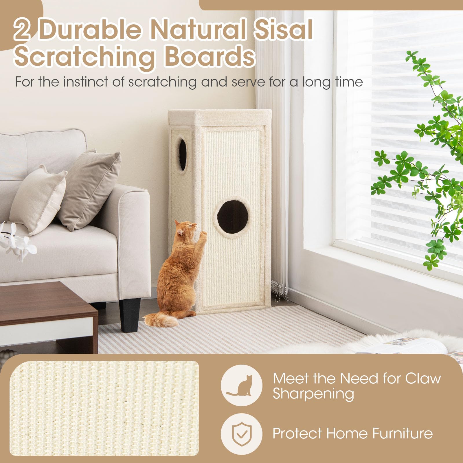SOARS Tonneau à Gratter pour Chat 99 cm, Tour Arbre à Chat 4 Niveaux avec 3 Grottes et Surface Griffoir en Sisal, Niche Intérieure Stable Ø40, Beige