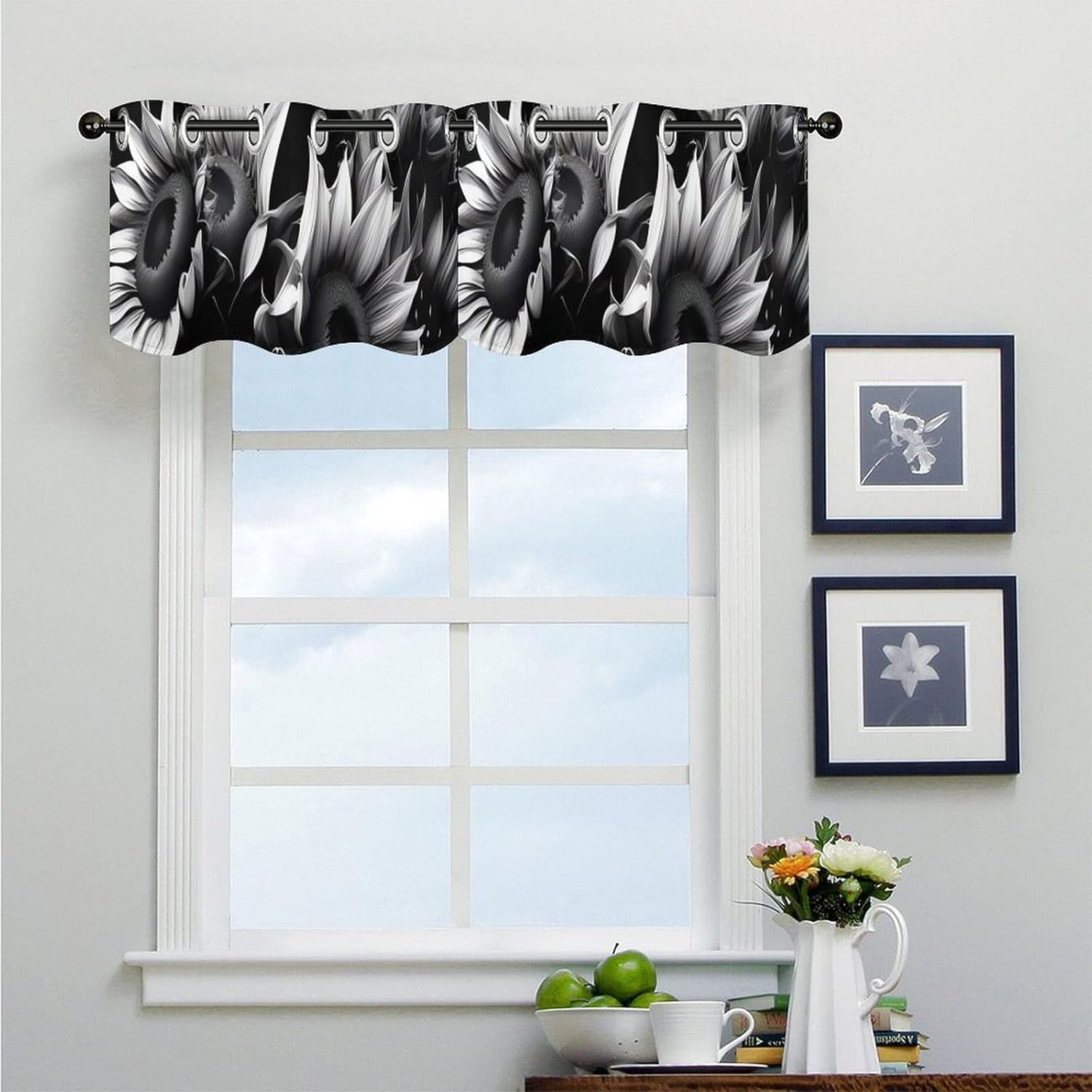 Black and White Sunflowers Valance for Windows, 2 Pack Kitchen Curtains Modern Home Decor, Soft Blackout Window Curtains for Living Room & Bedroom, 18 X 52 Inch