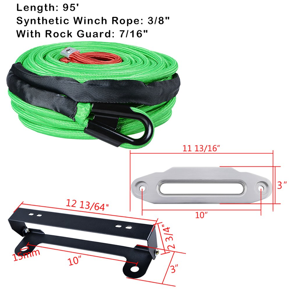 Astra Depot 95ft x 3/8 inch (reen Synthetic Winch Rope Cable 22000LBs w/Heat and Rock Guard + Black 10