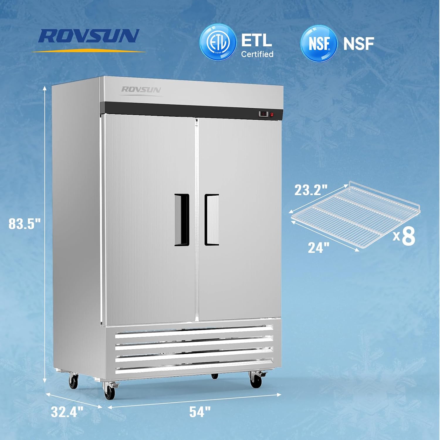ROVSUN 54" W Commercial Refrigerator Reach in Refrigerator ETL NSF Certified, 49 Cu.Ft Commercial Fridge Cooler w/ 2 Door Auto Defrosting LED Light Adjustable Shelves for Restaurant Cafe Canteen