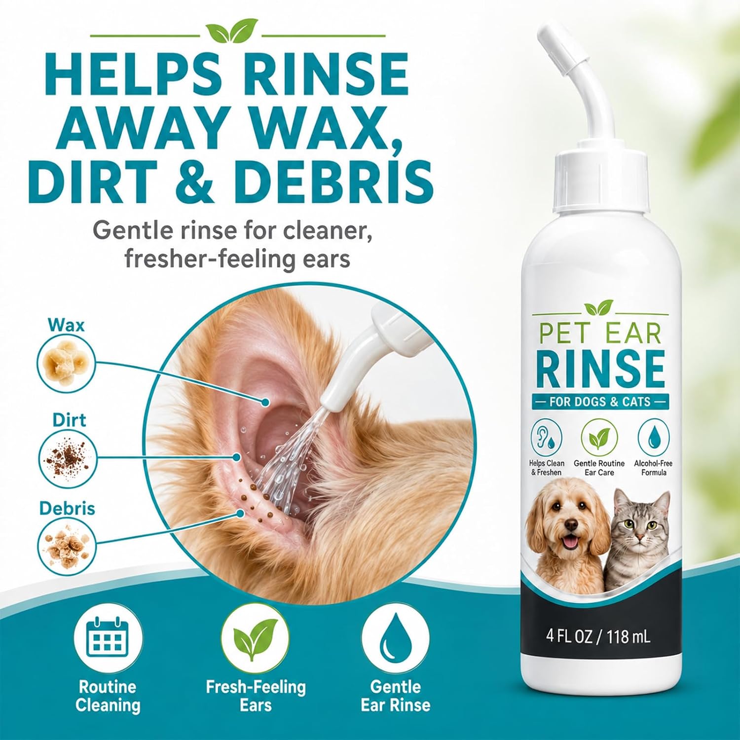 Brynthe Pet Ear Rinse, Foaming Action Pet Ear Wash Solution with Curved Applicator, Pet Ear Cleaner for Wax, Dirt & Debris, Wash Solution Cleaner for Dogs and Cats