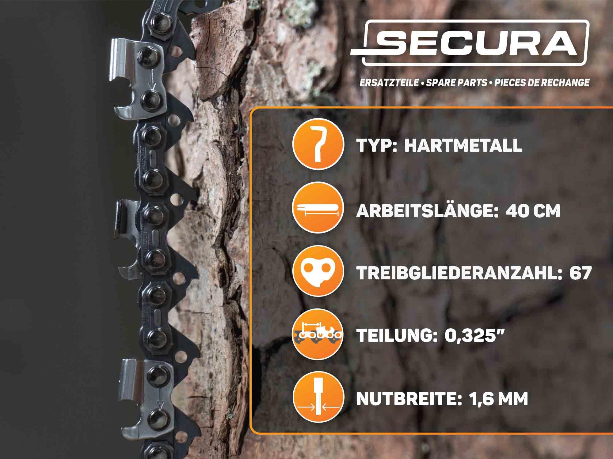 SECURA 2x Sägekette 0.325 1,6mm 67 TG 40cm Hartmetall kompatibel mit Stihl Motorsäge