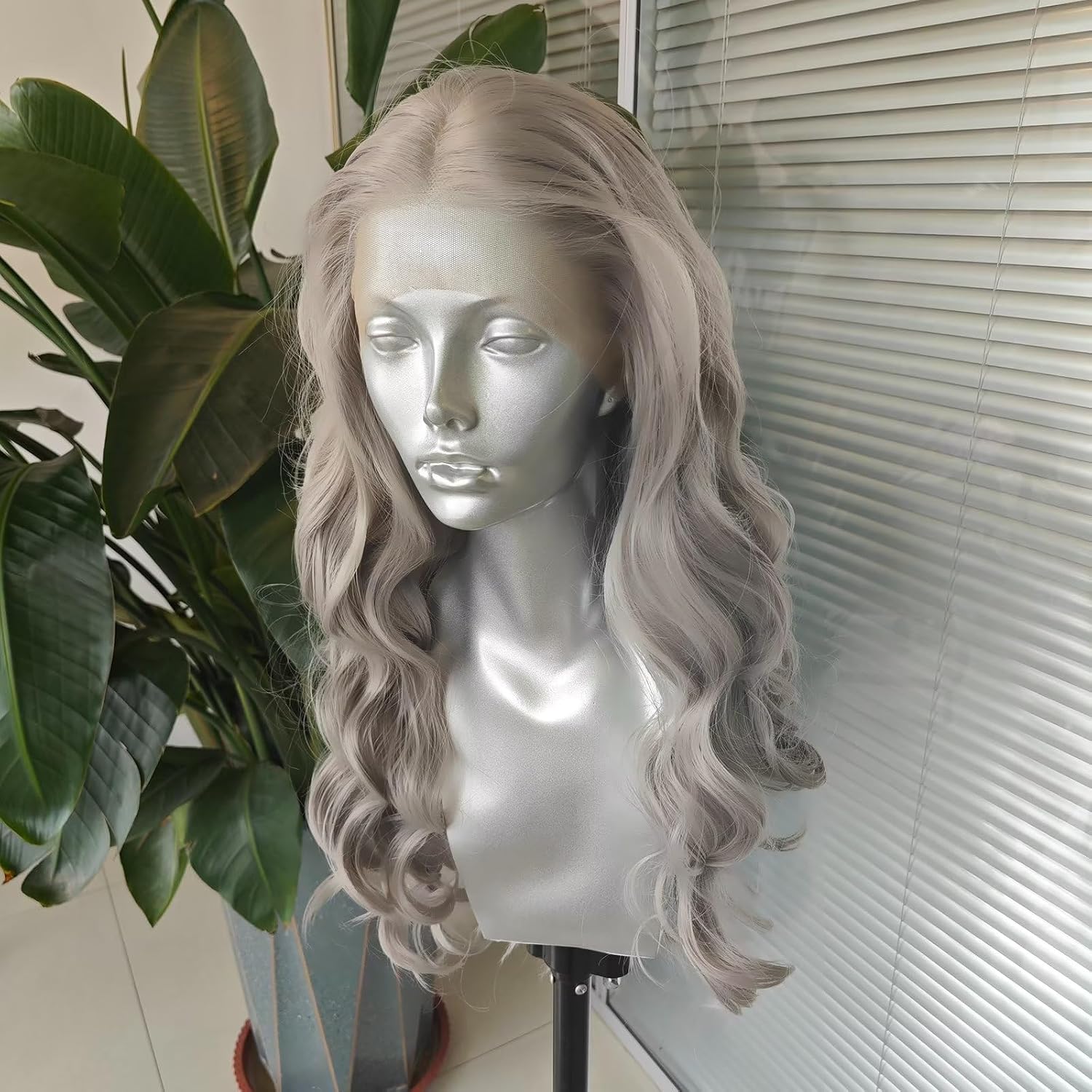 RDY Sliver Grey Long Body Wave Lace Front Wig Middle Part Natural Wavy Heat Resistant Fiber Synthetic Wigs for Women Girls Party Cosplay Wear 24 Inch