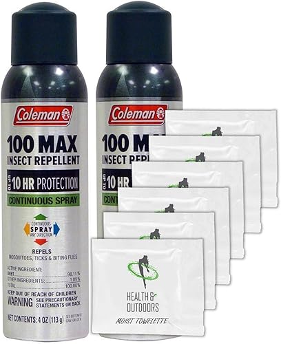 Coleman Max - Repelente de insectos 100% Deet, espray continuo de 4 onzas, paquete de 2, con (6) toallitas de mano Healthandoutdoor