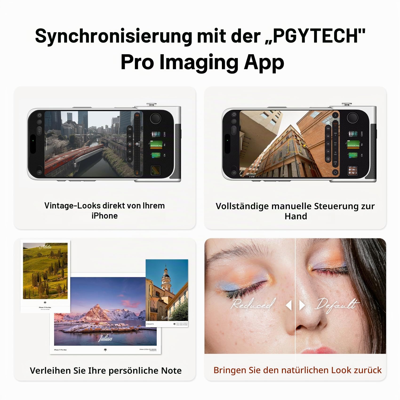 PGYTECH RetroVa Grip & 2X Teleobjektiv Kit für iPhone 17 Pro, mit 2X Teleobjektiv, Vintage-Handyhülle, Bluetooth Smartphone-Griff, MicroSD-Slot, 1/4"-20 Gewinde