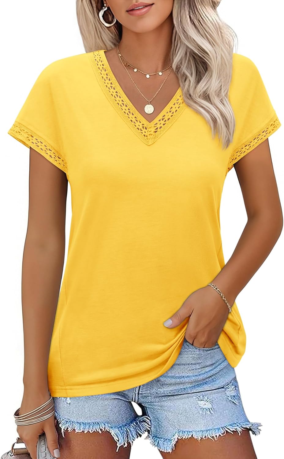 Cap Sleeve Tops for Women Lace V Neck Shirts Boho Short Sleeve Blouses Casual Summer Outfits Beach Vacation Clothes