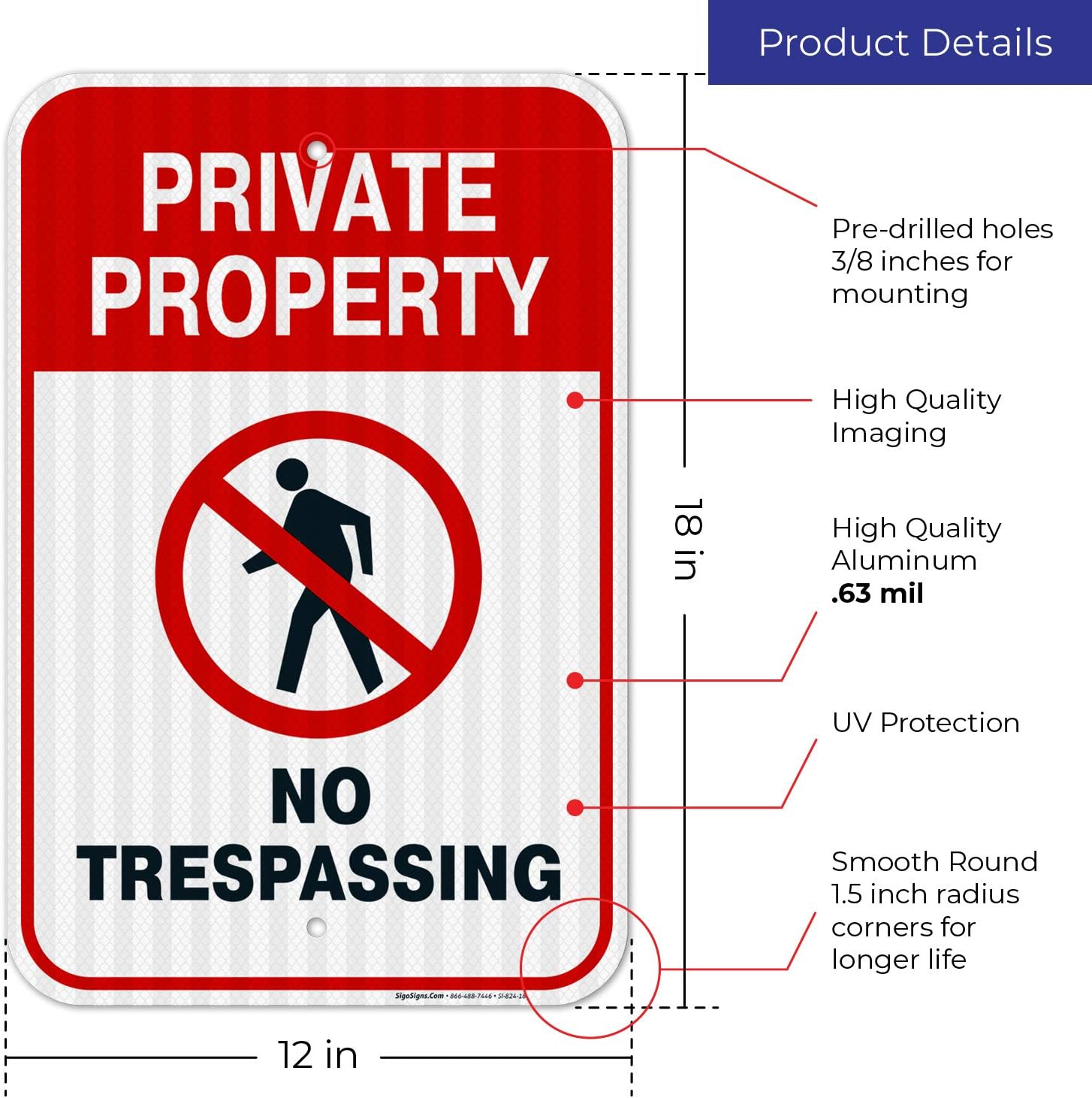 Private Property Sign, No Trespassing Red Sign, 12x18 Inches, 3M EGP Reflective .063 Aluminum, Fade Resistant, Easy Mounting, Indoor/Outdoor Use, Made in USA