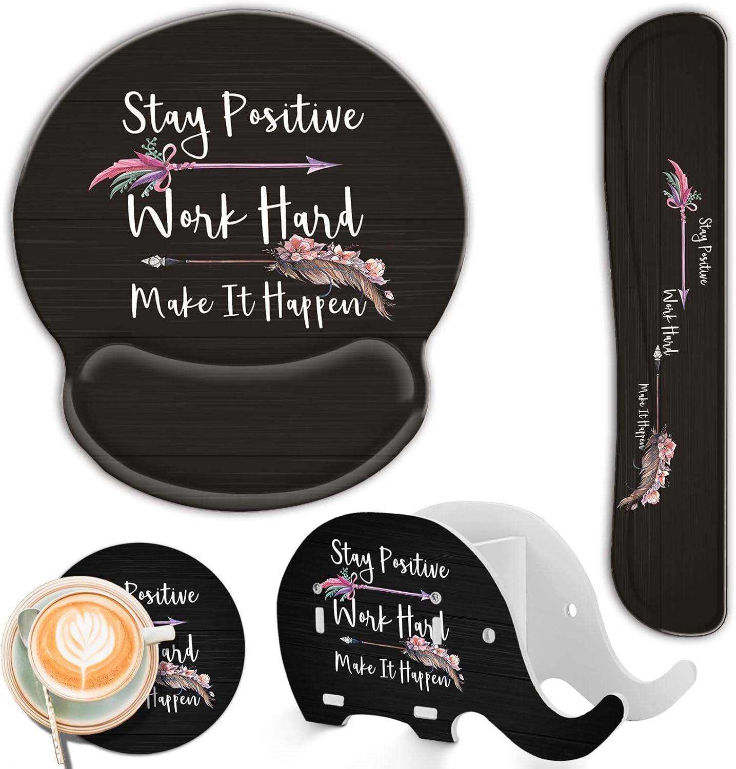 Keyboard Wrist Rest and Ergonomic Mouse Pad with Wrist Support Set,Non-Slip PU Base,Matching Cute Coaster and Multifunction Removable Elephant Pen Holder,Stay Positive Work Hard and Make It Happen